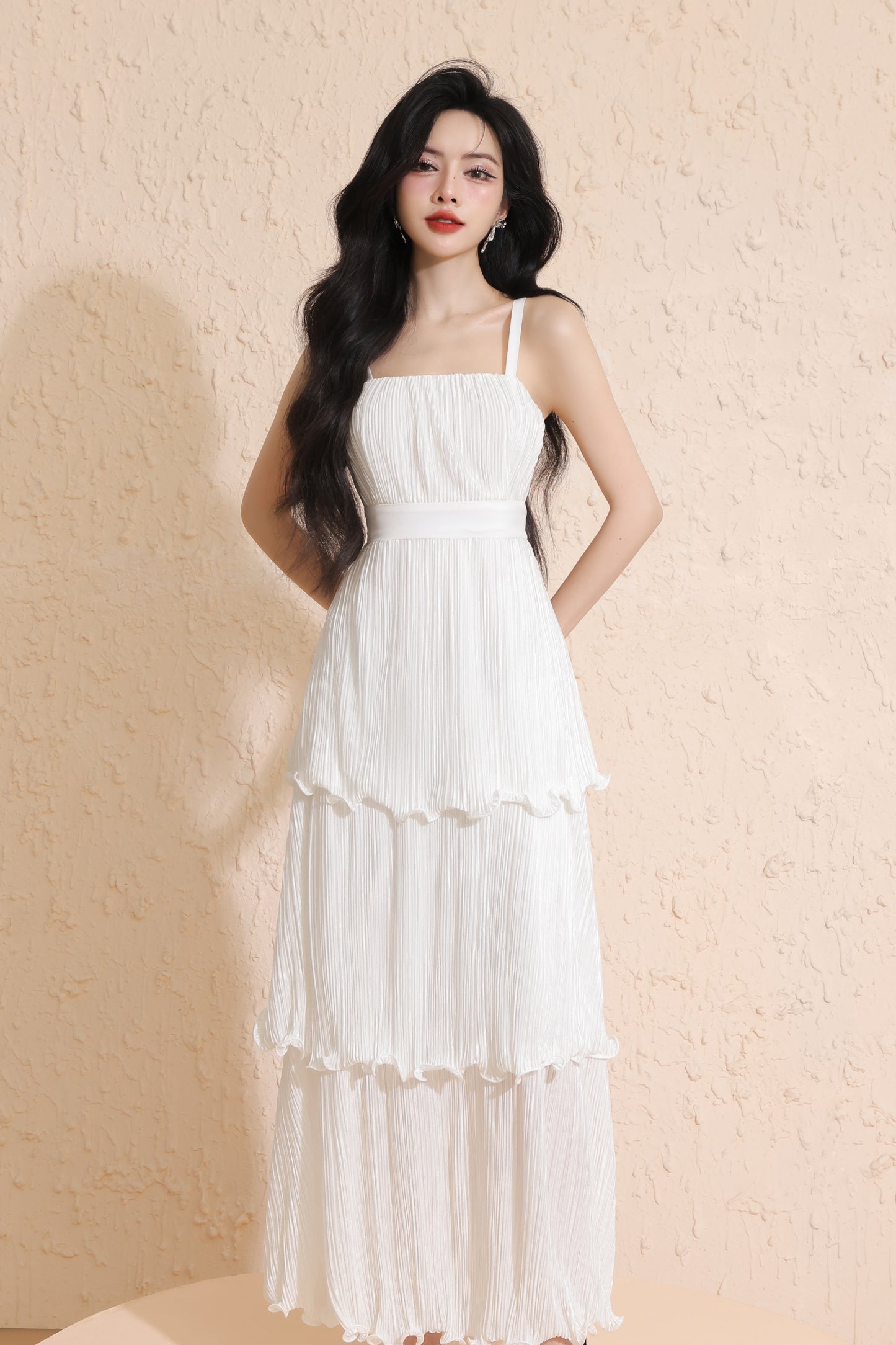 Xylia Pleated Tiered Maxi Dress in White