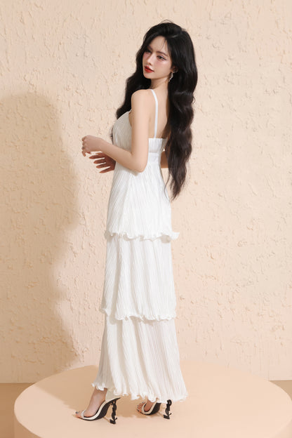 Xylia Pleated Tiered Maxi Dress in White