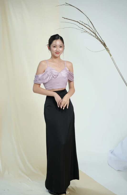 Room8008 Dinner Satin Long Skirt in Black