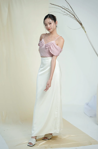 Room8008 Dinner Satin Long Skirt in White