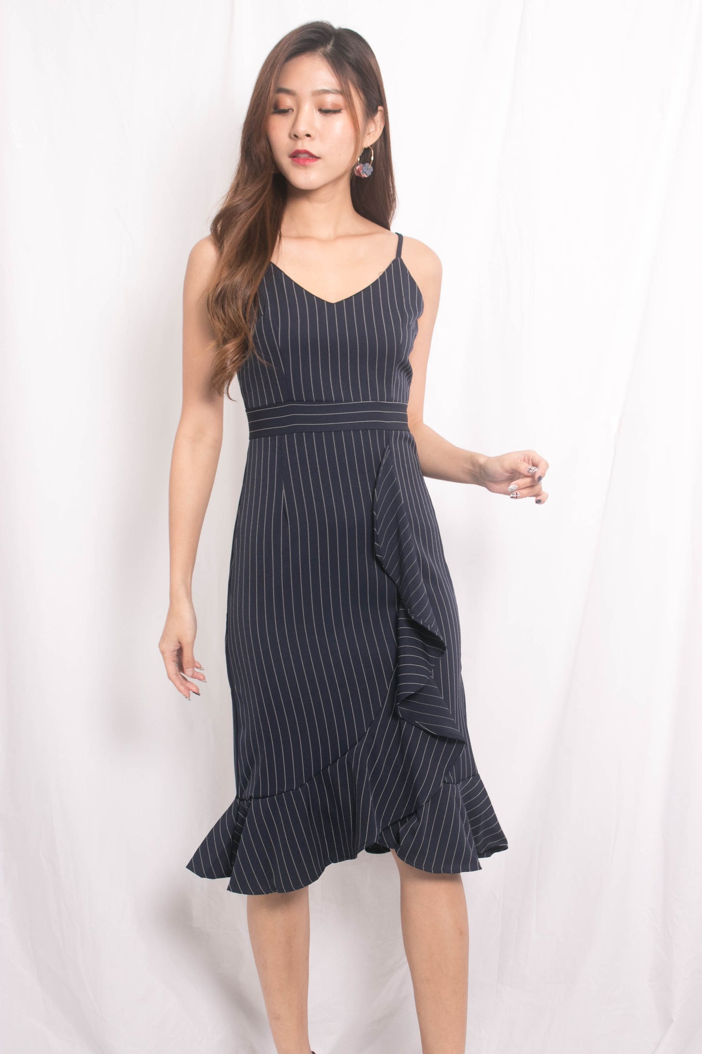 Jewel Stripes Flutter Dress in Navy