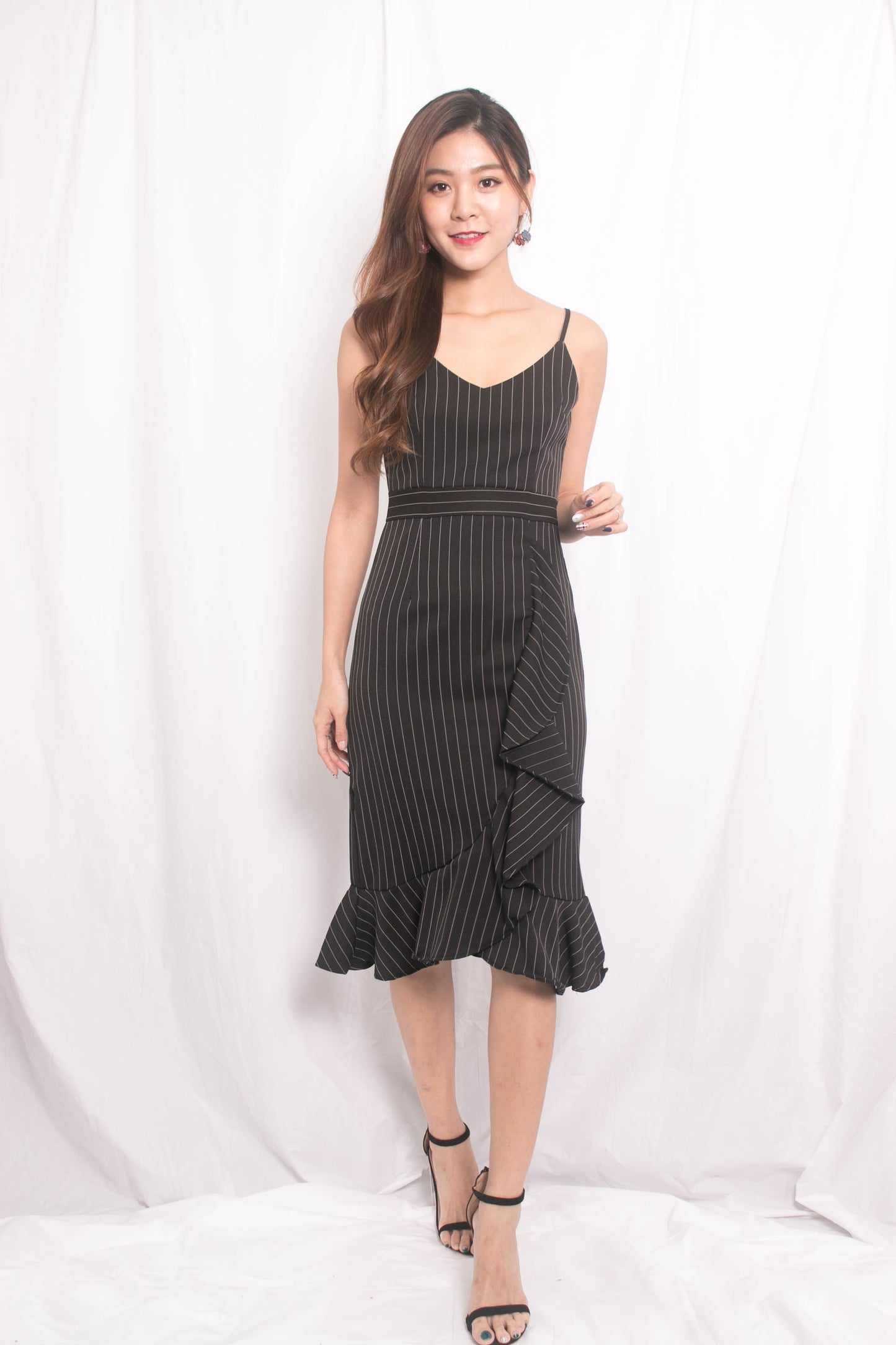 Jewel Stripes Flutter Dress in Black