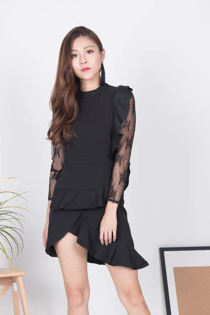 Jaysa Flutter Lace Dress in Black