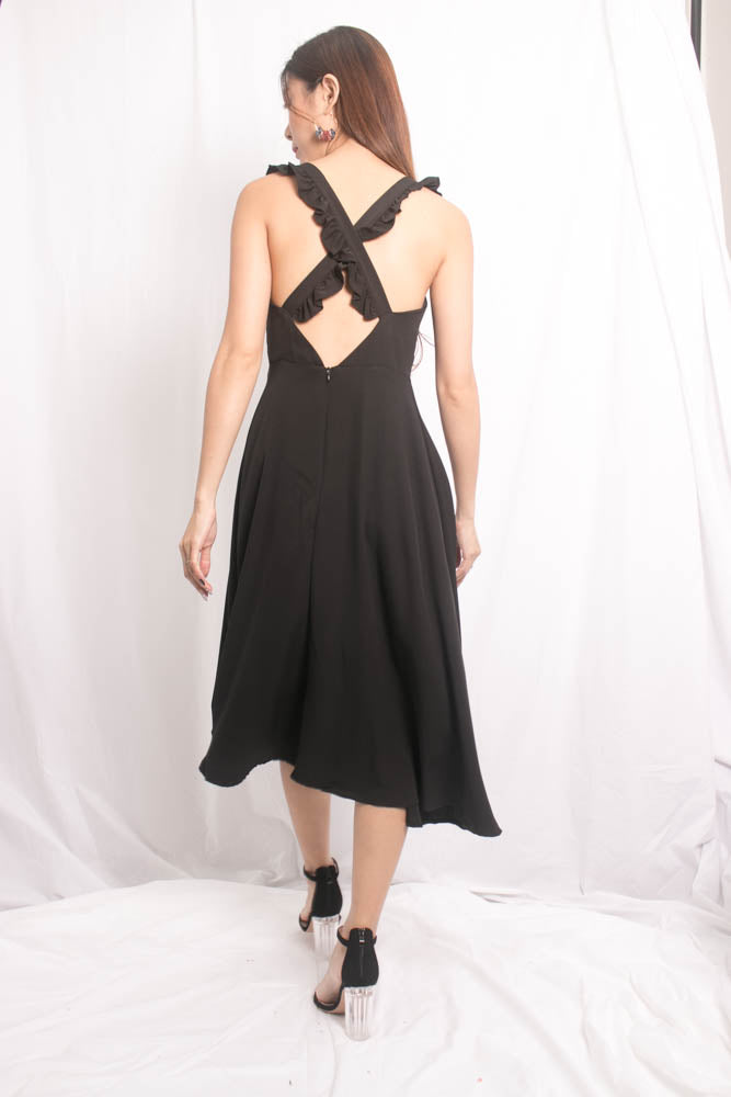 Maxia Cross Back Midi Dress in Black