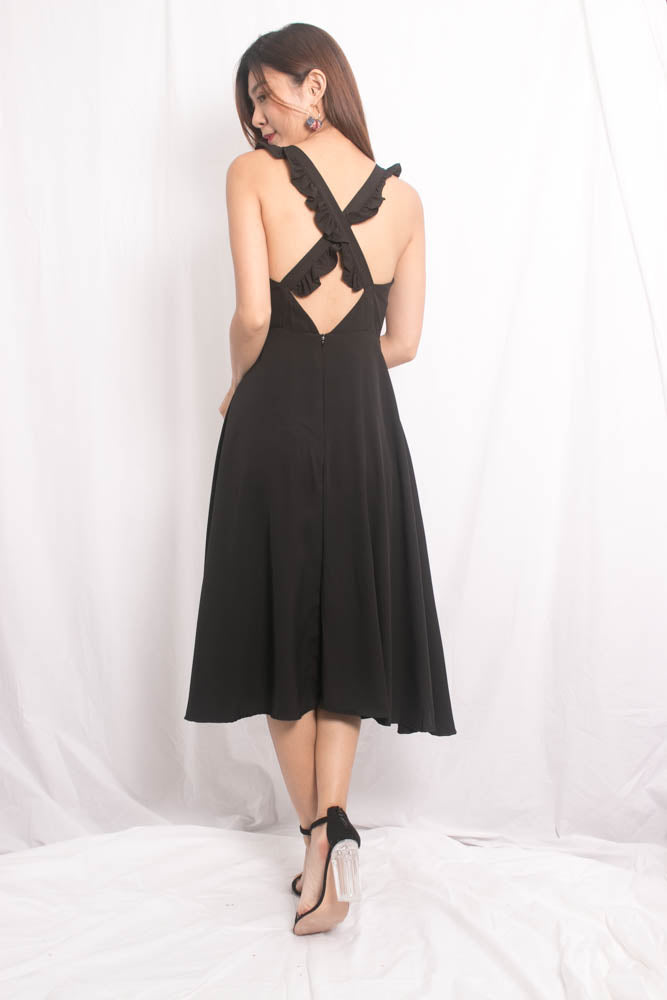 Maxia Cross Back Midi Dress in Black