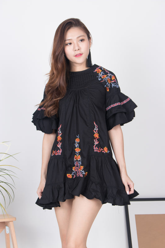 LUXE - ANGELA EMBROIDED FLARE DRESS IN BLACK