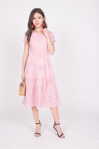 Yista Eyelet Midi Dress in Pink