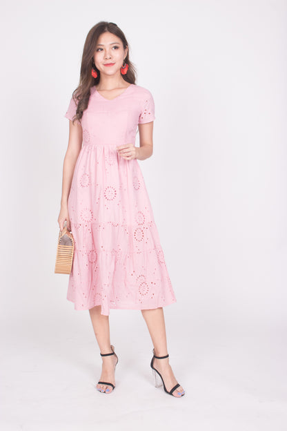 Yista Eyelet Midi Dress in Pink