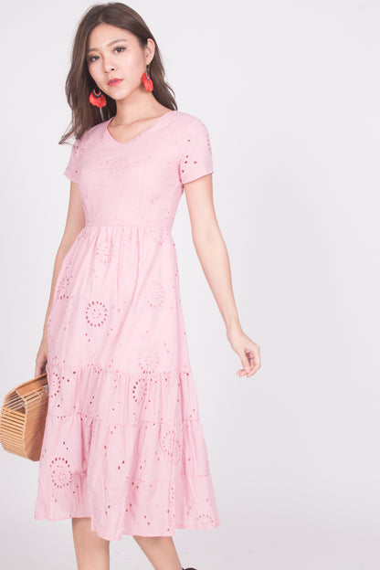 Yista Eyelet Midi Dress in Pink