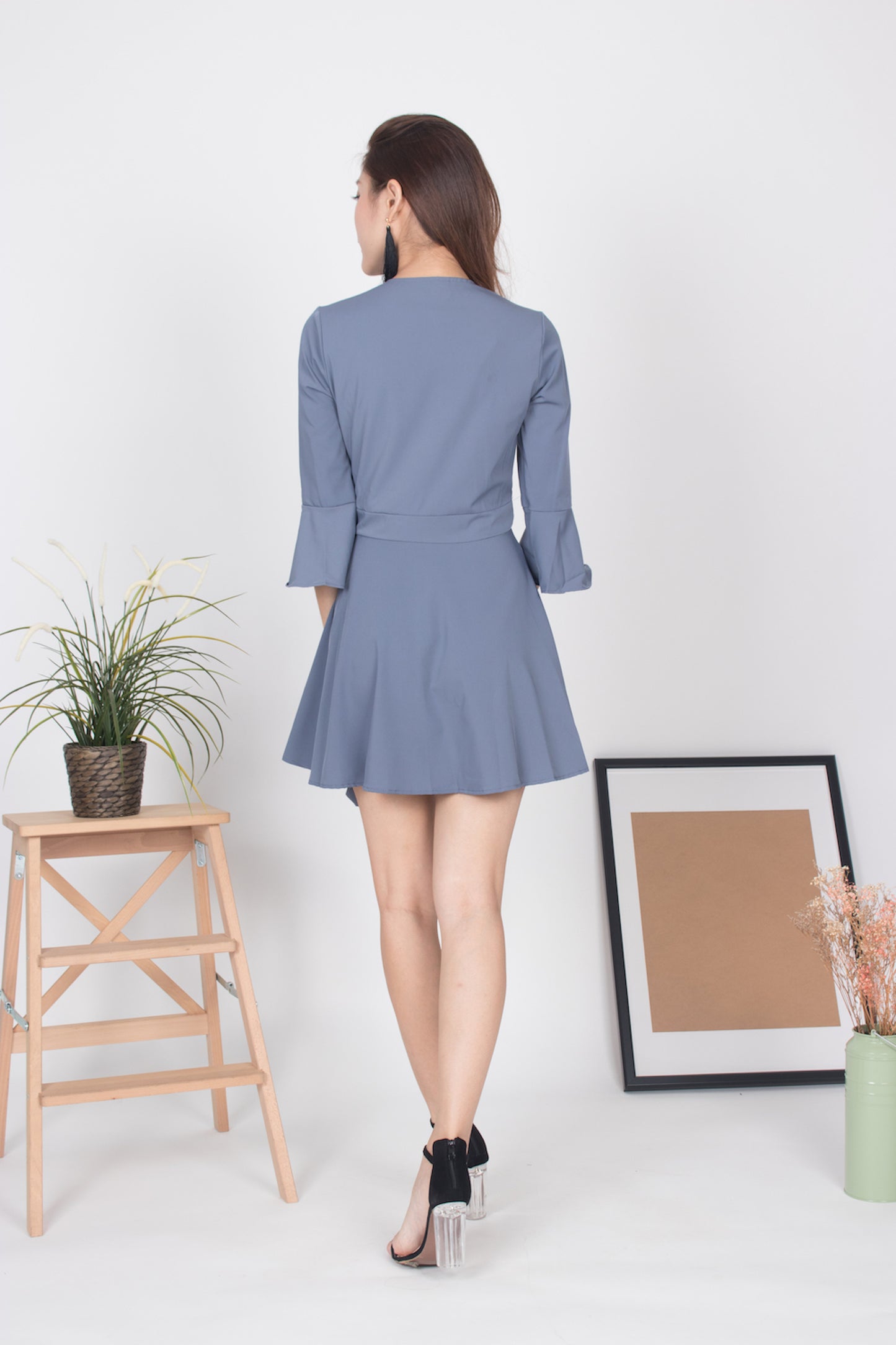 Emm Sleeved Romper in Grey Blue