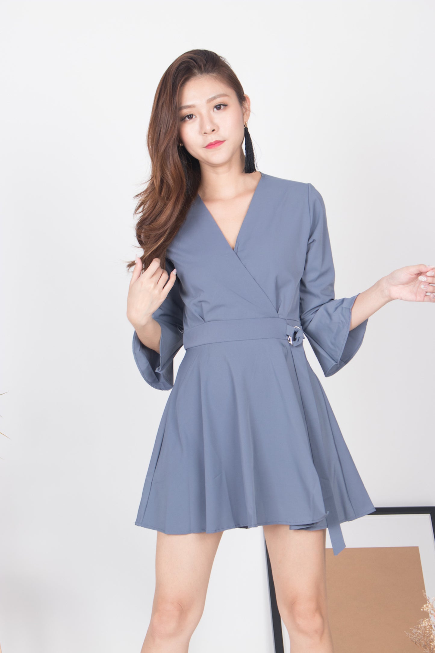 Emm Sleeved Romper in Grey Blue