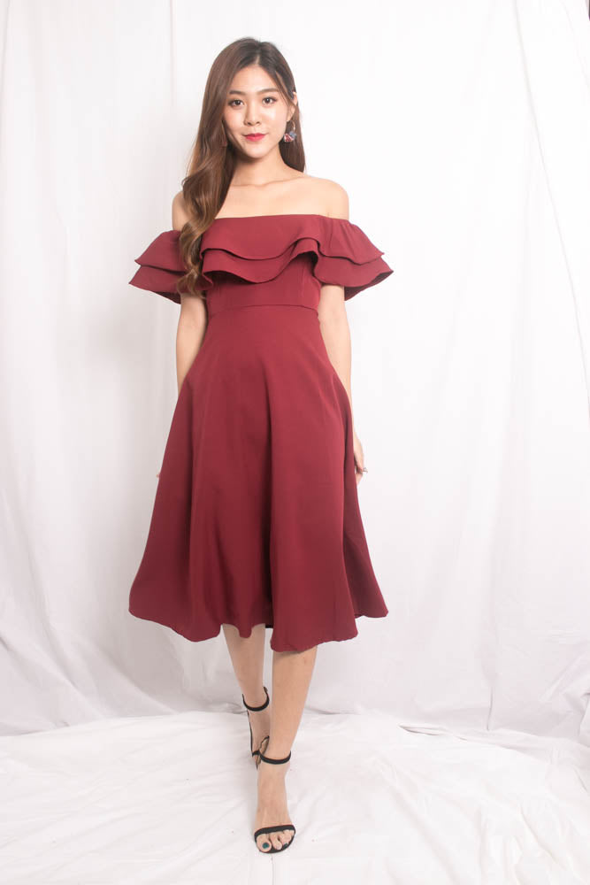 Lynda Flutter Off Shoulder Dress in Burgundy