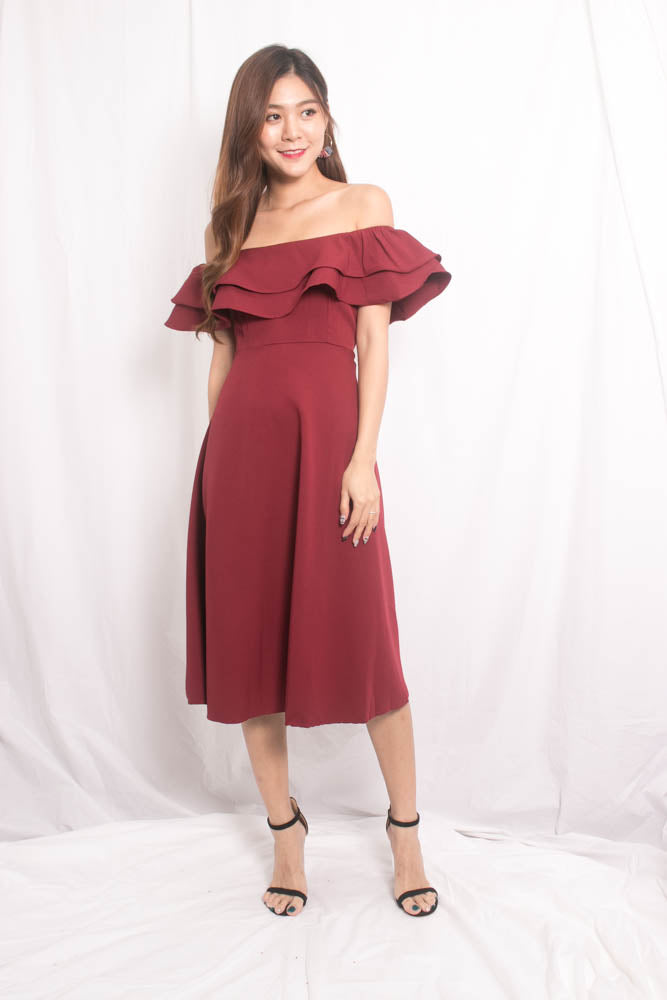 Lynda Flutter Off Shoulder Dress in Burgundy