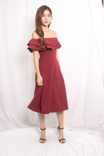 Lynda Flutter Off Shoulder Dress in Burgundy