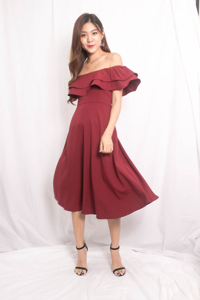 Lynda Flutter Off Shoulder Dress in Burgundy