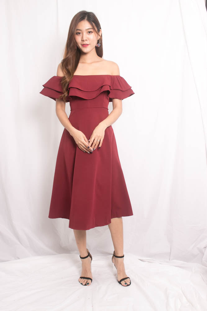 Lynda Flutter Off Shoulder Dress in Burgundy