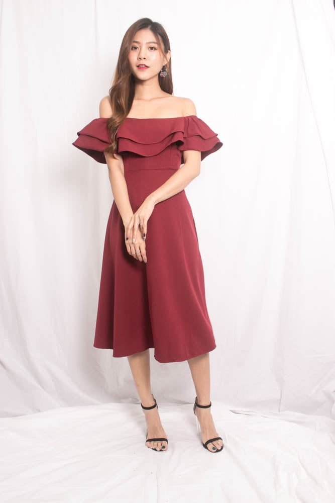 Lynda Flutter Off Shoulder Dress in Burgundy