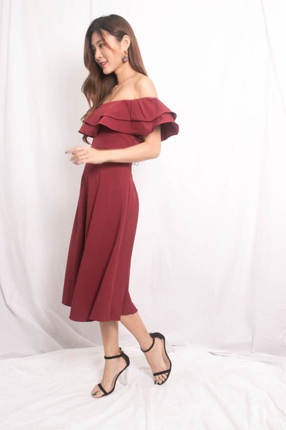 Lynda Flutter Off Shoulder Dress in Burgundy