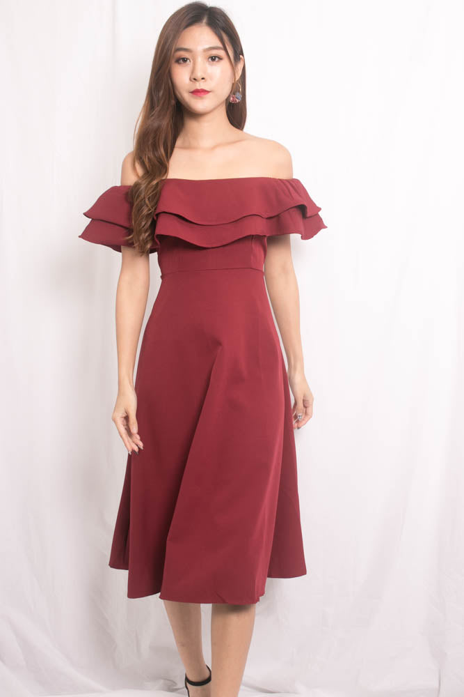 Lynda Flutter Off Shoulder Dress in Burgundy