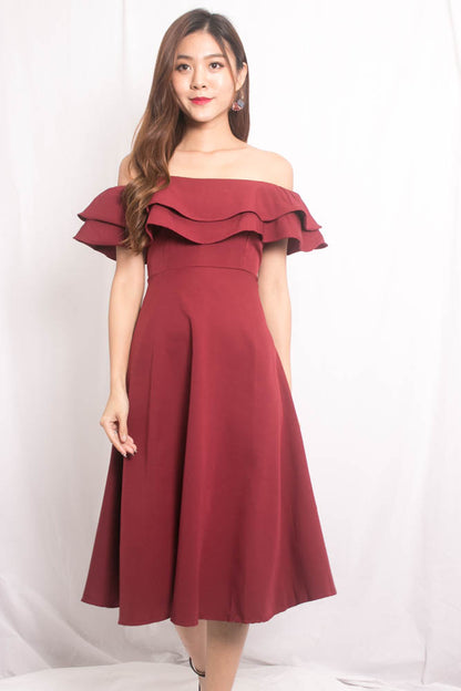 Lynda Flutter Off Shoulder Dress in Burgundy