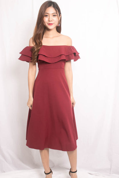 Lynda Flutter Off Shoulder Dress in Burgundy