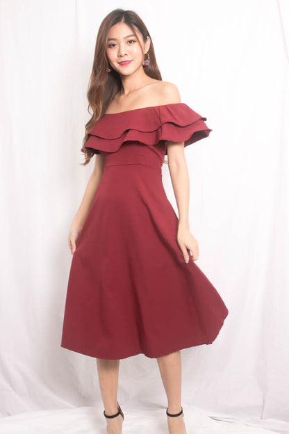 Lynda Flutter Off Shoulder Dress in Burgundy