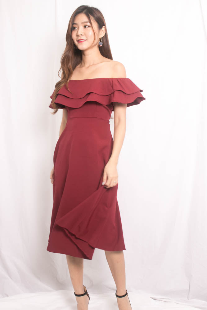 Lynda Flutter Off Shoulder Dress in Burgundy