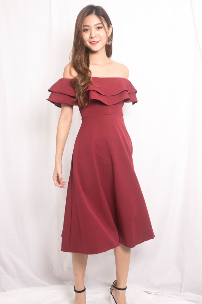 Lynda Flutter Off Shoulder Dress in Burgundy