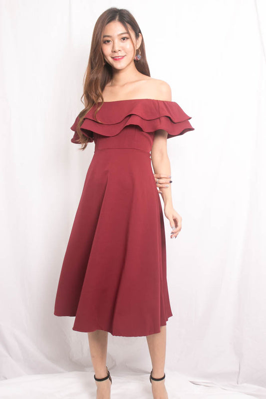 Lynda Flutter Off Shoulder Dress in Burgundy