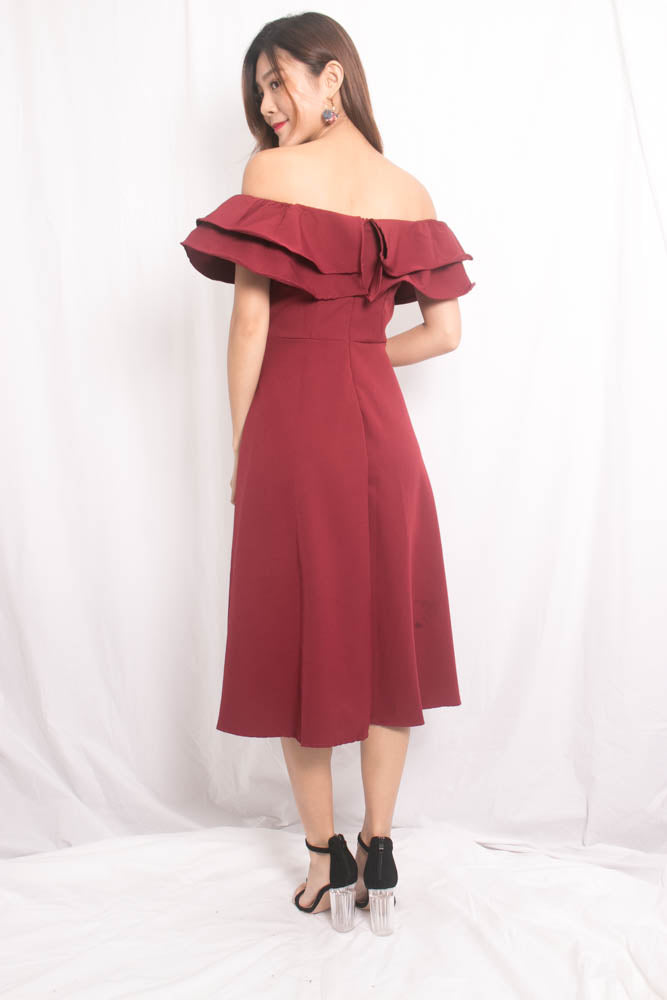 Lynda Flutter Off Shoulder Dress in Burgundy