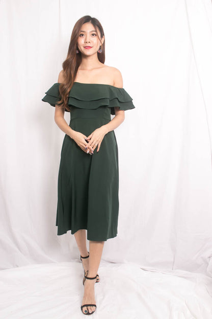 Lynda Flutter Off Shoulder Dress in Green