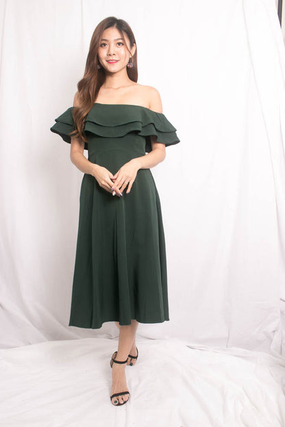 Lynda Flutter Off Shoulder Dress in Green