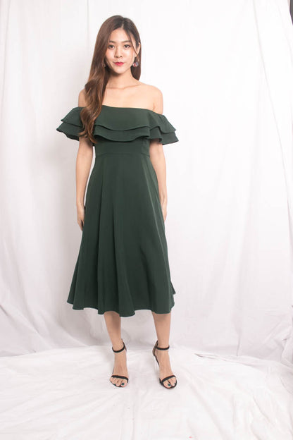 Lynda Flutter Off Shoulder Dress in Green