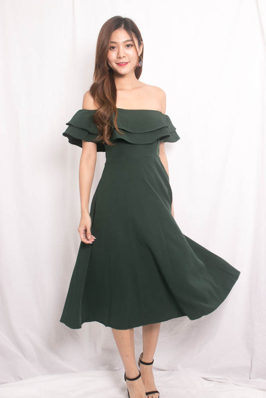 Lynda Flutter Off Shoulder Dress in Green