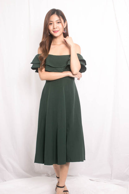 Lynda Flutter Off Shoulder Dress in Green