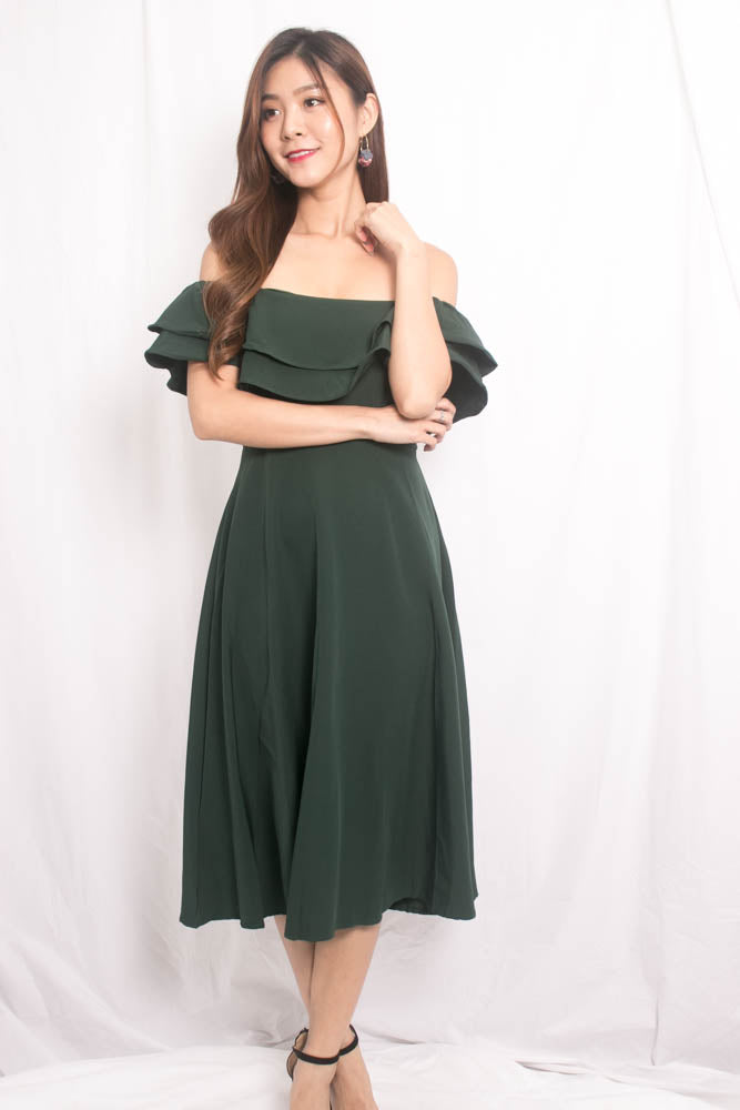 Lynda Flutter Off Shoulder Dress in Green