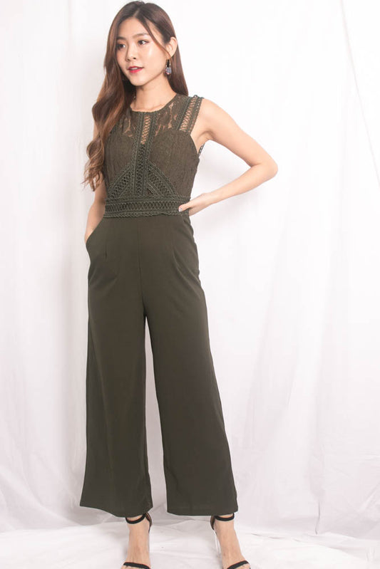 Novile Crochet Jumpsuit in Army Green