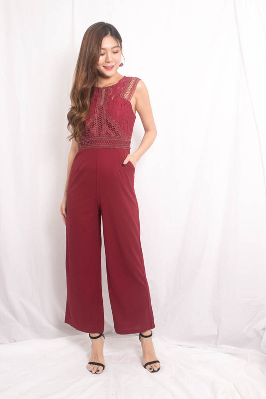 Novile Crochet Jumpsuit in Burgundy