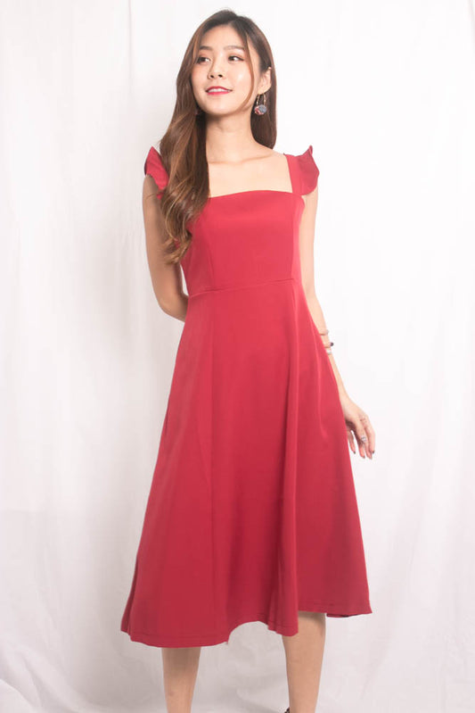 Melody Flutter Midi Dress in Burgundy