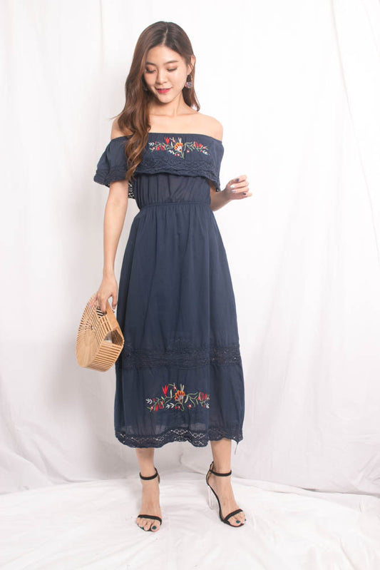 Shella Embroided Dress in Navy