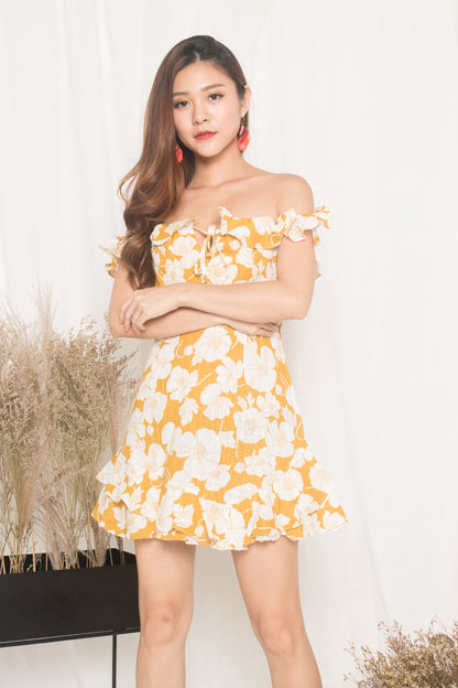 Calista Floral Flutter Dress in Yellow