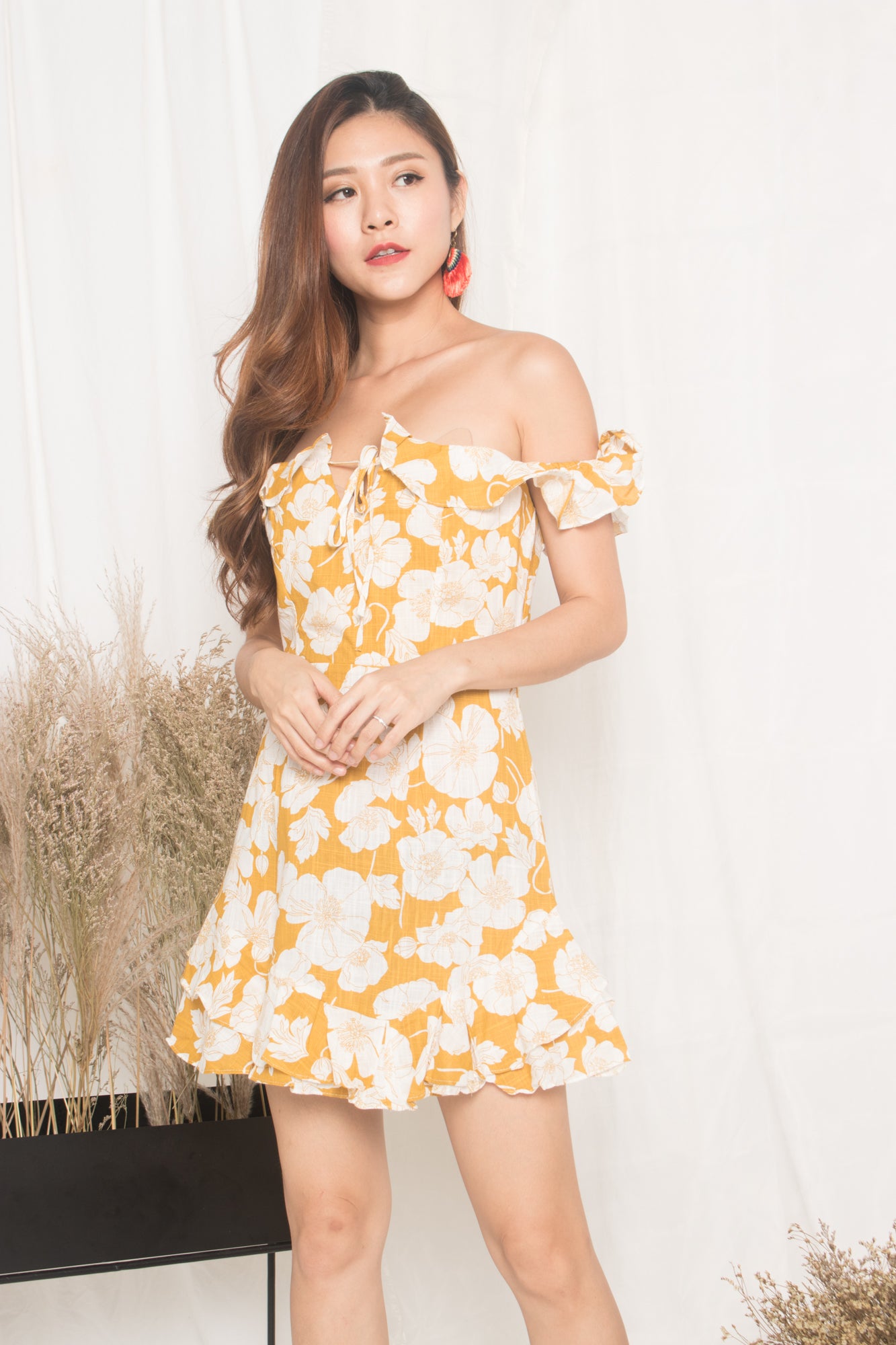 Calista Floral Flutter Dress in Yellow