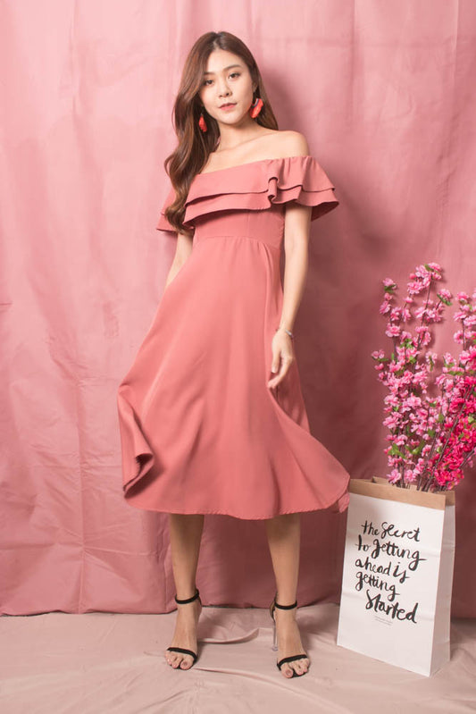 Lynda Flutter Off Shoulder Dress in Blush