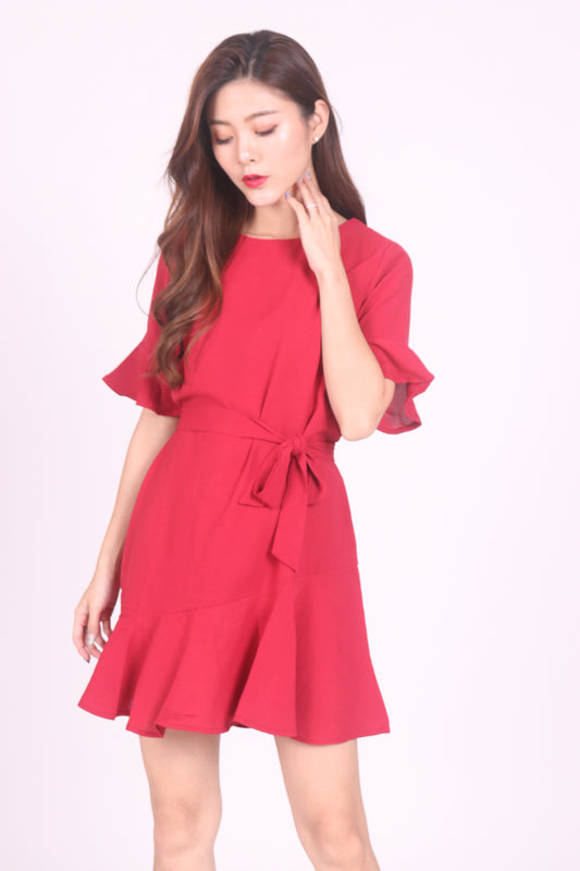 Nelaie Bell Sleeve Dress in Red