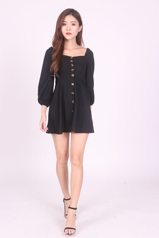 Pamela Button Down Offsie Dress in Black