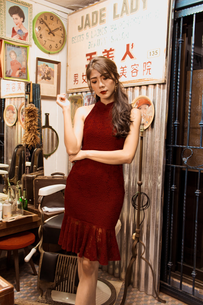 *PREMIUM* - Arielia Lace Mermaid Dress in Burgundy (Detachable Collars) - Self Manufactured by LBRLABEL