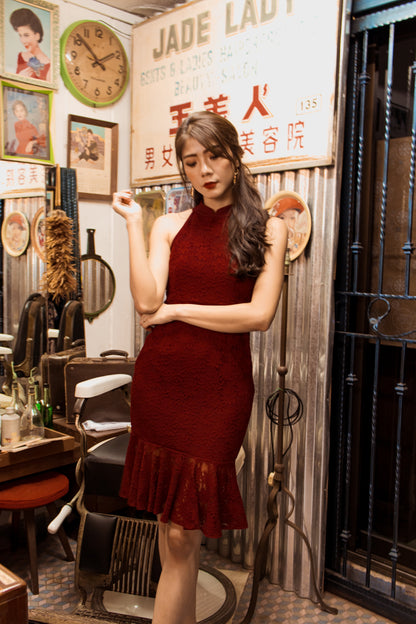 *PREMIUM* - Arielia Lace Mermaid Dress in Burgundy (Detachable Collars) - Self Manufactured by LBRLABEL