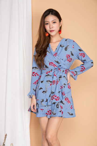 Amaris Printed Wrapped Dress in Blue