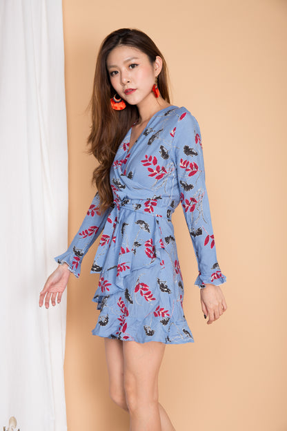 Amaris Printed Wrapped Dress in Blue