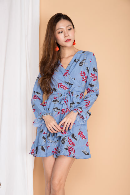 Amaris Printed Wrapped Dress in Blue